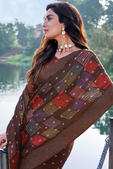 Oak Brown Printed Casual Wear Chiffon Saree