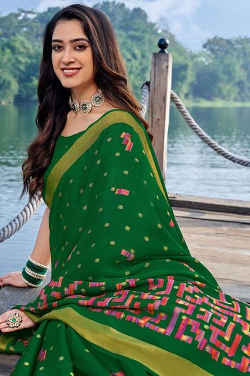 Forest Green Printed Casual Wear Chiffon Saree