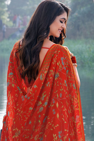 Rust Red Printed Casual Wear Chiffon Saree