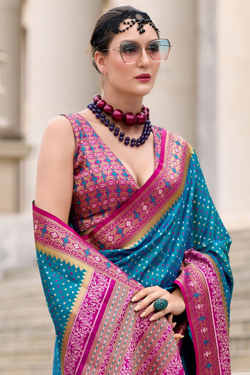 Peacock Blue Banarasi Silk Weaving Work Saree