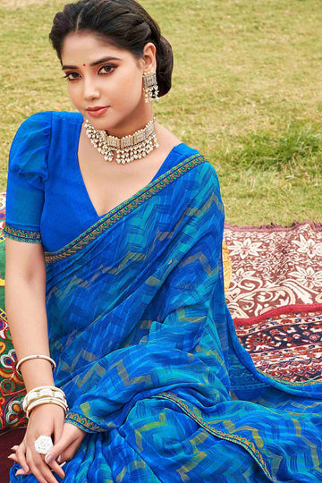 Royal Blue Printed Georgette Casual Wear Saree