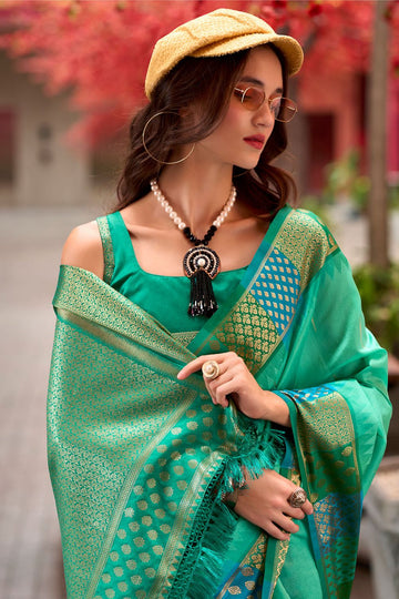 Sea Green Weaving Work Pure Banarasi Silk Saree