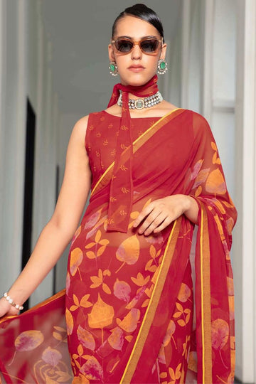 Strawberry Red Printed Georgette Casual Wear Saree