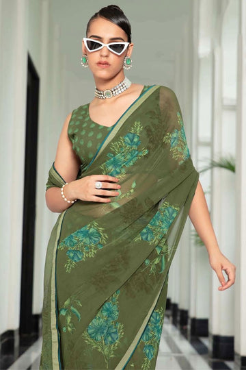 Olive Green Printed Georgette Casual Wear Saree