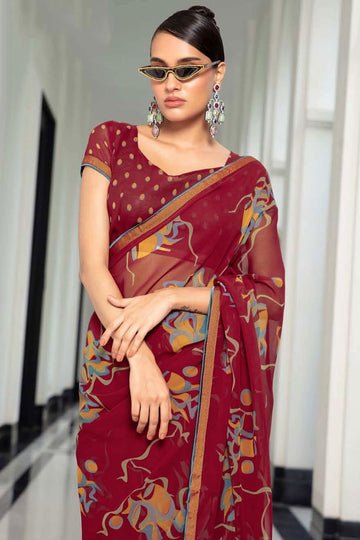 Maroon Printed Georgette Casual Wear Saree