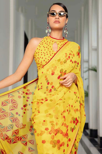 Lemon Yellow Printed Georgette Casual Wear Saree