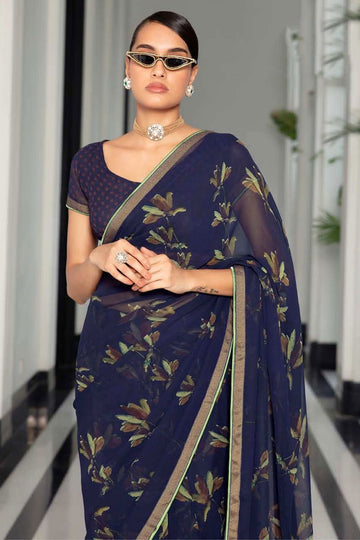 Navy Blue Printed Georgette Casual Wear Saree