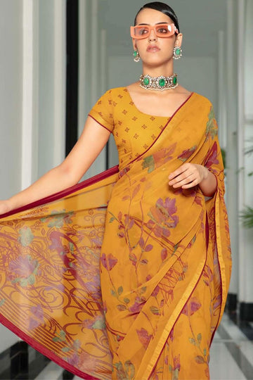 Mustard Printed Georgette Casual Wear Saree