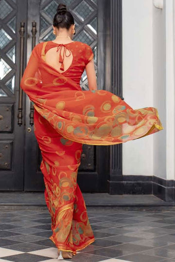 Rust Red Printed Georgette Casual Wear Saree