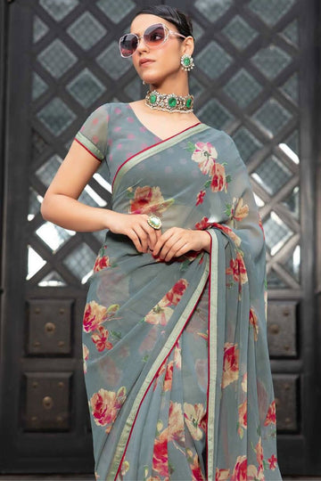 Smoke Grey Printed Georgette Casual Wear Saree