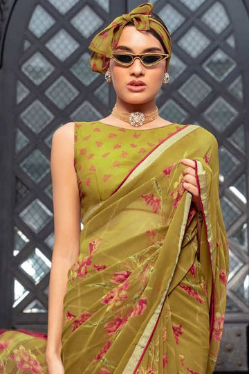 Mehendi Green Printed Georgette Casual Wear Saree