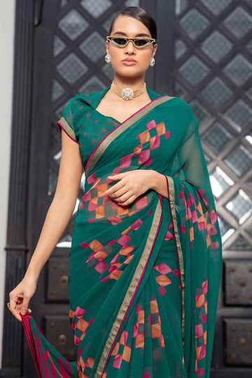 Peacock Green Printed Georgette Casual Wear Saree