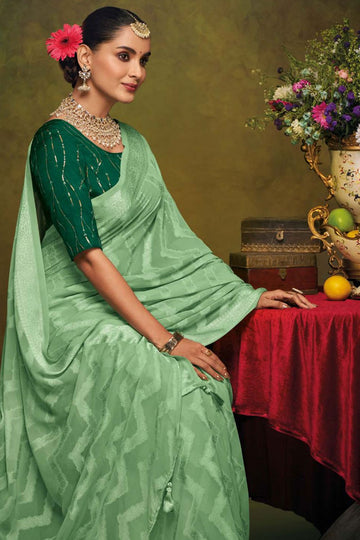 Mint Green Brasso Saree with Embroidered Blouse