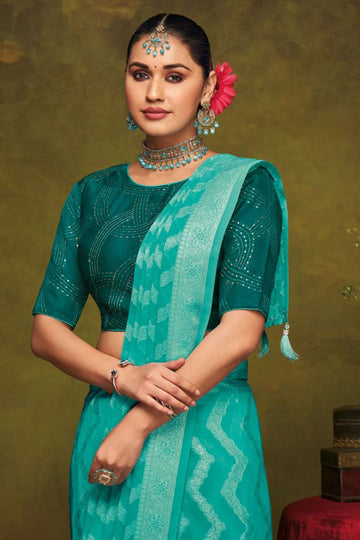 Aqua Blue Brasso Saree with Embroidered Blouse