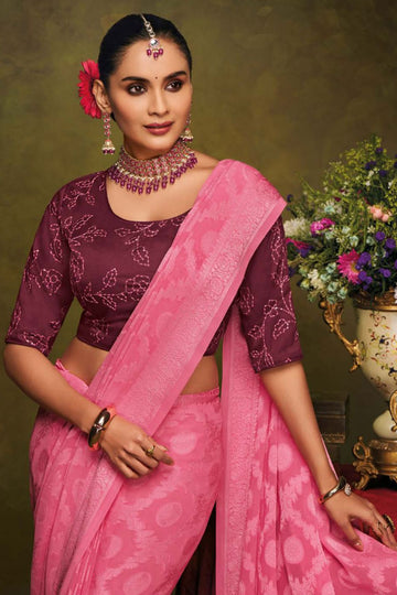 Cherry Pink Brasso Saree with Embroidered Blouse