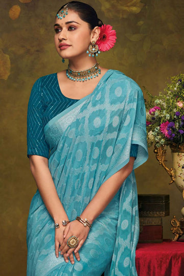 Sky Blue Brasso Saree with Embroidered Blouse