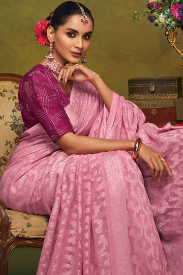 Carnation Pink Brasso Saree with Embroidered Blouse