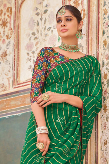 Emerald Green Chiffon Saree for Festival