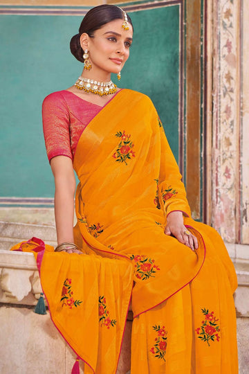 Golden Yellow Chiffon Saree for Party