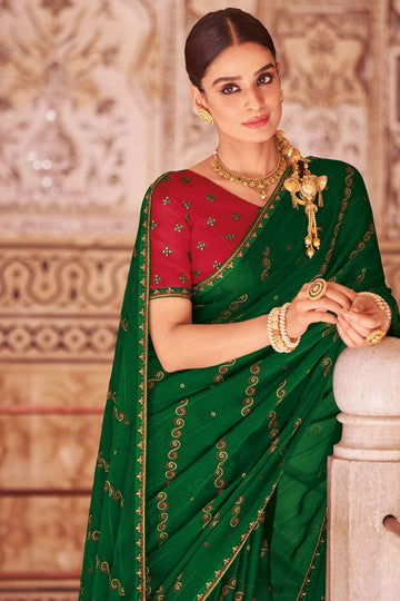 Forest Green Chiffon Saree with Embroidery Work