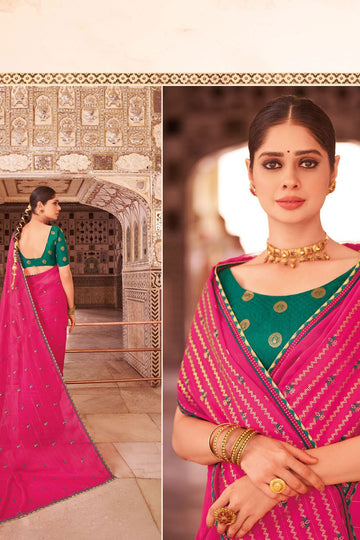 Rani Pink Chiffon Saree with Embroidery Work