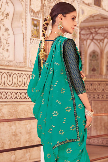 Turquoise Chiffon Saree with Embroidery Work