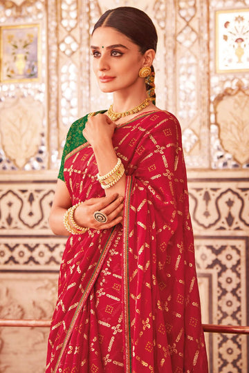 Carrot Red Chiffon Saree with Embroidery Work