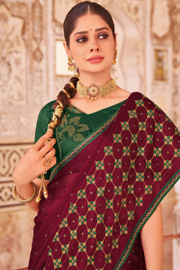 Maroon Chiffon Saree with Embroidery Work