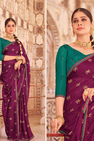 Wine Chiffon Saree with Embroidery Work