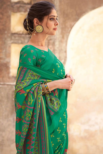 Rama Green Printed Crepe Satin Saree for Festival