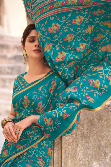 Firozi Printed Crepe Satin Saree for Festival