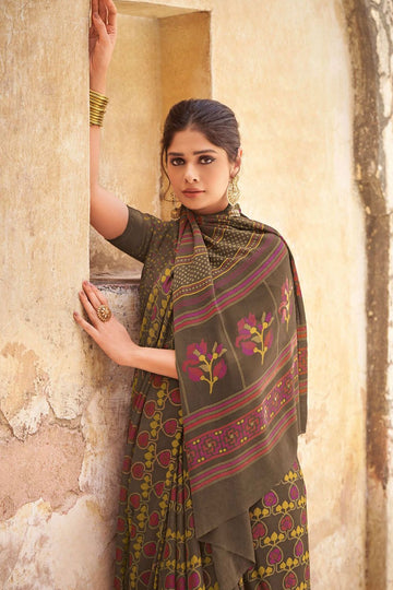 Dusty Brown Printed Crepe Satin Saree for Festival