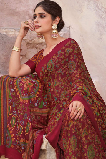 Maroon Printed Crepe Satin Saree for Festival