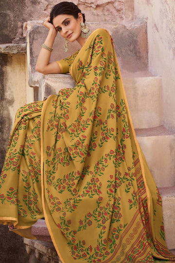 Mustard Printed Crepe Satin Saree for Festival