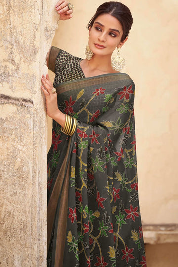 Slate Grey Printed Crepe Satin Saree for Festival