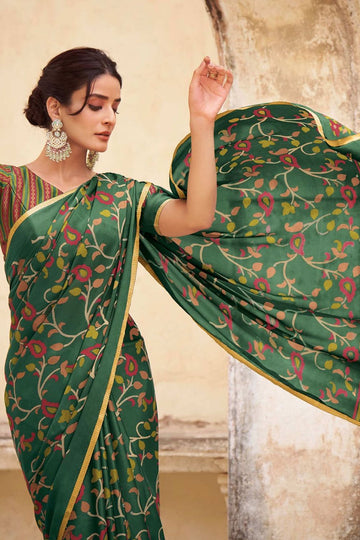 Bottle Green Printed Crepe Satin Saree for Festival