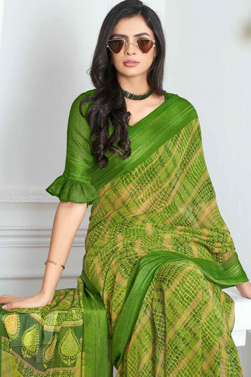 Kelly Green Georgette Saree with Digital Print