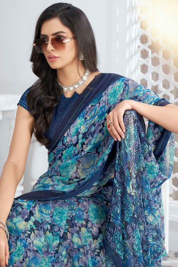 Aqua Blue Georgette Saree with Digital Print