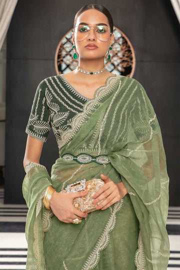 Sage Green Organza Saree with Embroidered Blouse for Party