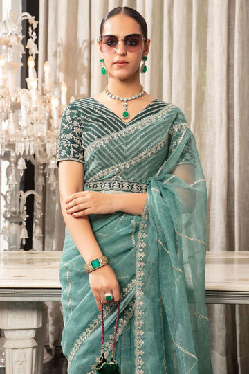 Mint Blue Organza Saree with Embroidered Blouse for Party