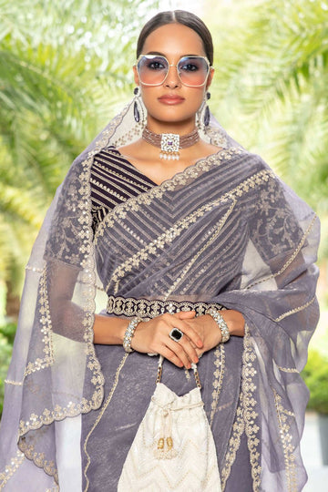 Lavender Grey Organza Saree with Embroidered Blouse for Party