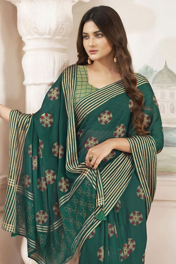 Pine Green Chiffon Saree with Foil Print