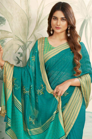 Rama Green Embellished Chiffon Saree