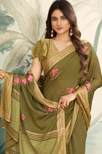 Mehendi Green Embellished Chiffon Saree