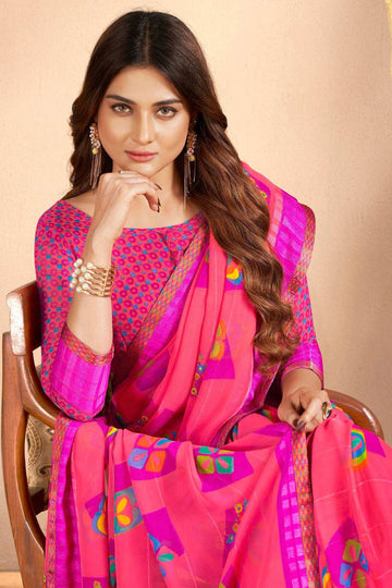 Punch Pink Printed Georgette Casual Wear Saree