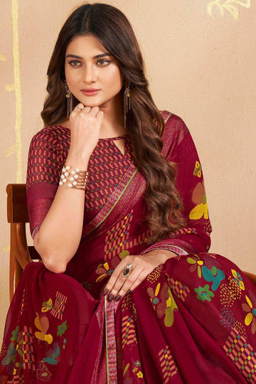 Maroon Printed Georgette Casual Wear Saree