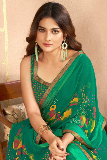 Emerald Green Printed Georgette Casual Wear Saree