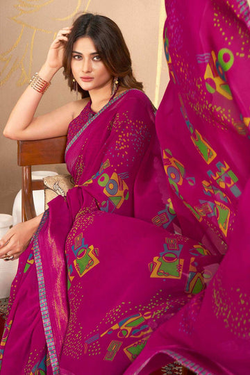 Magenta Printed Georgette Casual Wear Saree