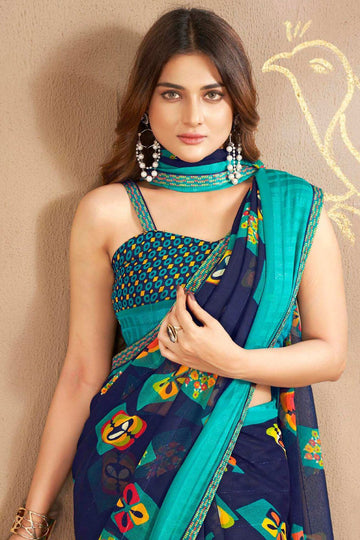 Navy Blue Printed Georgette Casual Wear Saree