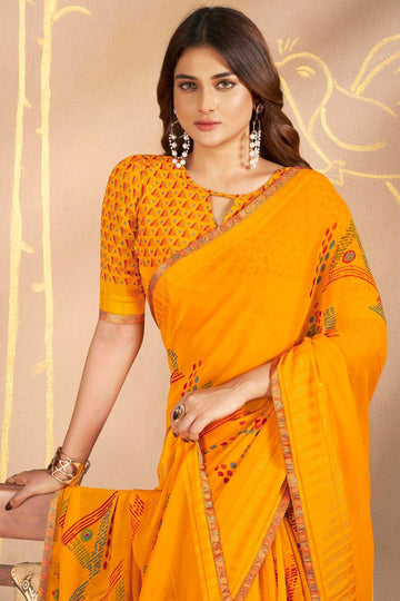 Golden Yellow Printed Georgette Casual Wear Saree